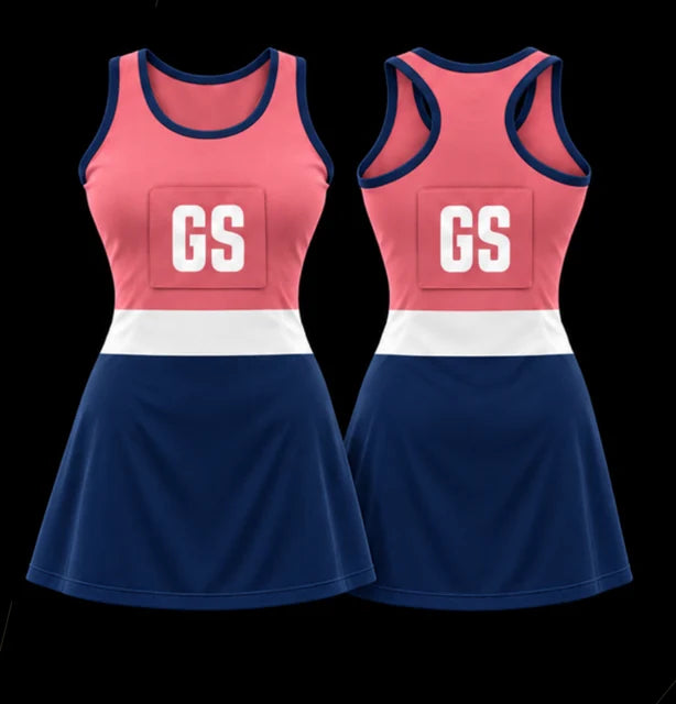 Sunset Block — Sleeveless netball dress — Front + back concept