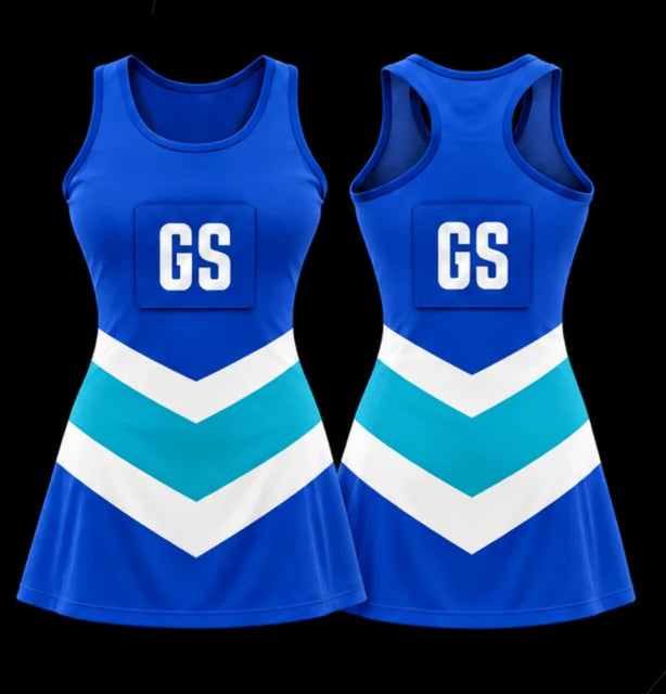 Tidal Chevron — Sleeveless netball dress — Front + back concept