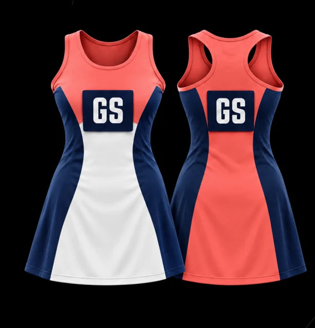 Coral Panel — Sleeveless netball dress — Front + back concept