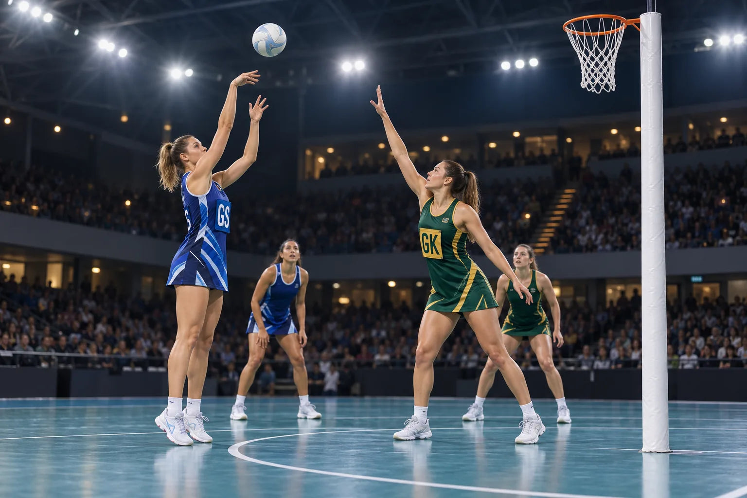 Illustrative netball gameplay with adult players in royal-blue and green-and-gold team dresses contesting a shot beneath an indoor netball goal.