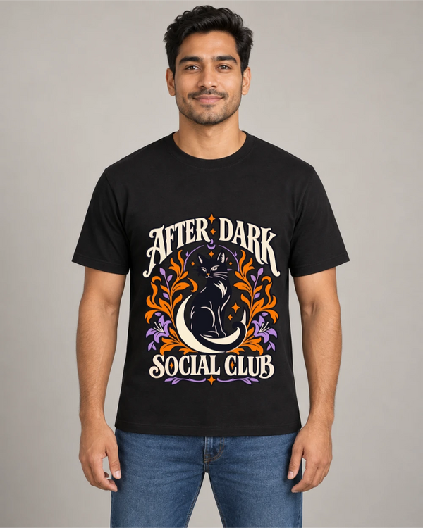 Model wearing After Dark Social Club on a black T-shirt