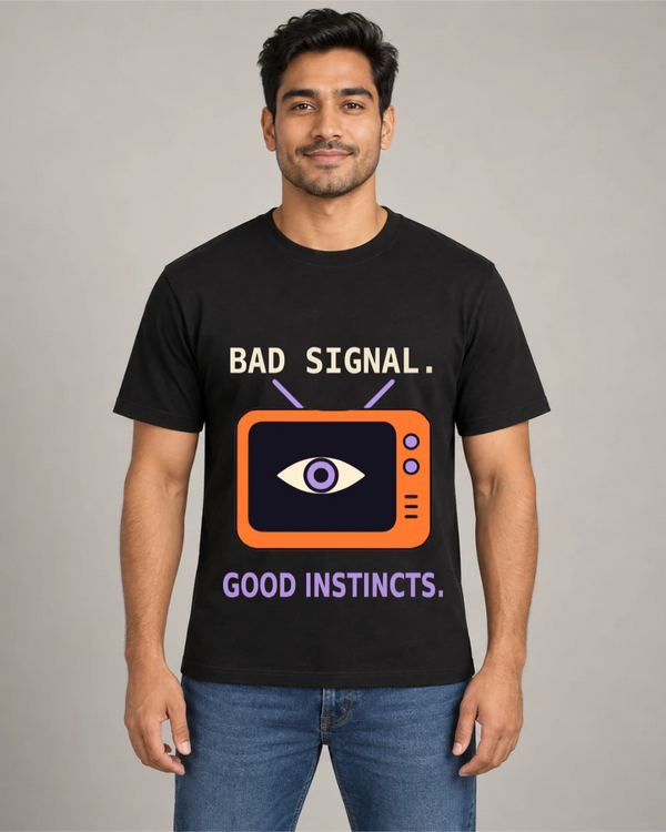 Model wearing Bad Signal. Good Instincts. on a black T-shirt