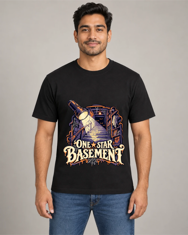 Model wearing One Star Basement on a black T-shirt