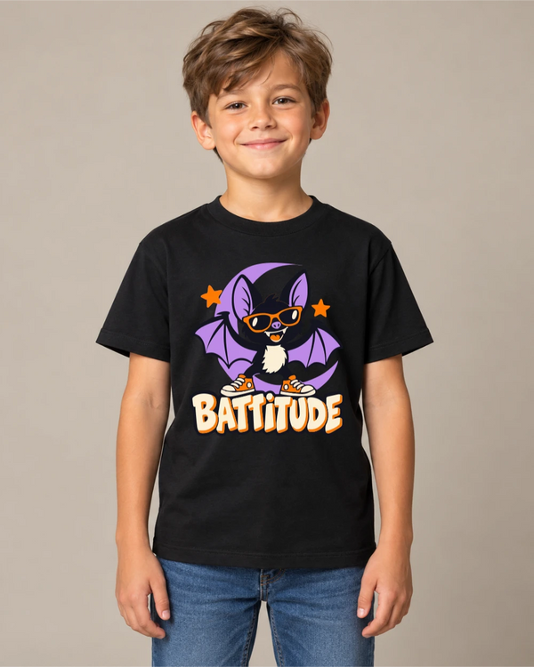Model wearing Battitude on a black T-shirt