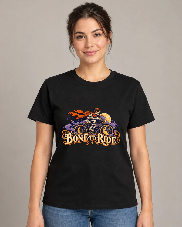 Model wearing Bone to Ride on a black T-shirt