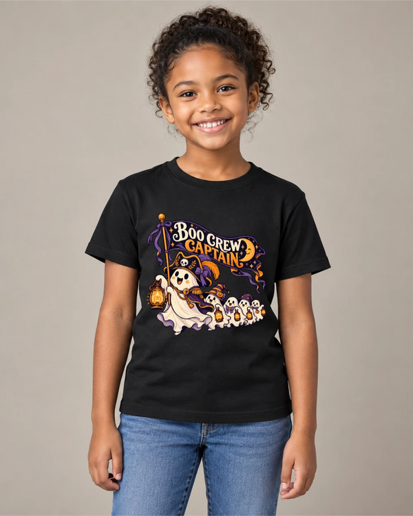Model wearing Boo Crew Captain on a black T-shirt