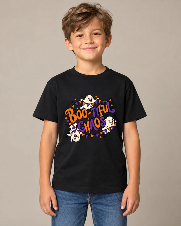 Model wearing Boo-tiful Chaos on a black T-shirt
