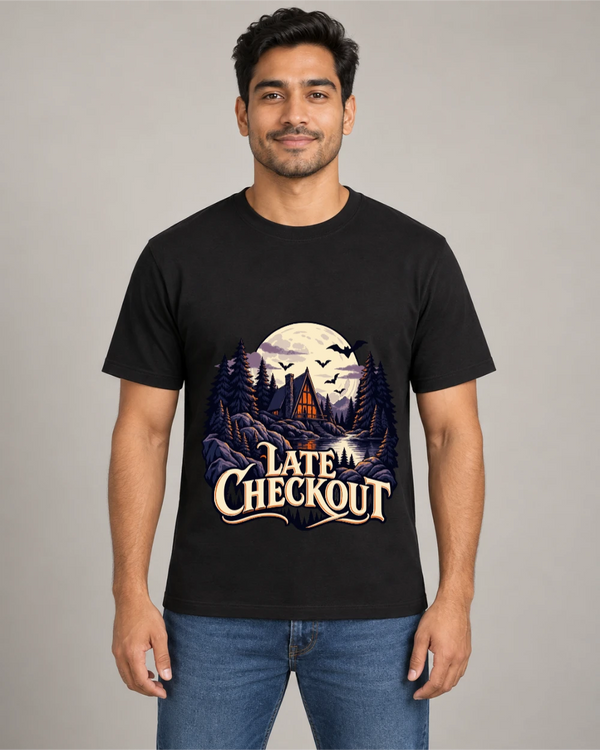 Model wearing Late Checkout on a black T-shirt