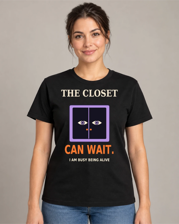 Model wearing The Closet Can Wait on a black T-shirt