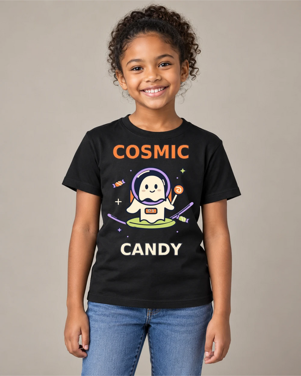 Model wearing Cosmic Candy on a black T-shirt