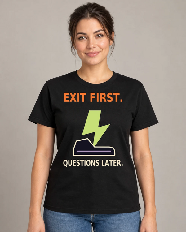 Model wearing Exit First on a black T-shirt