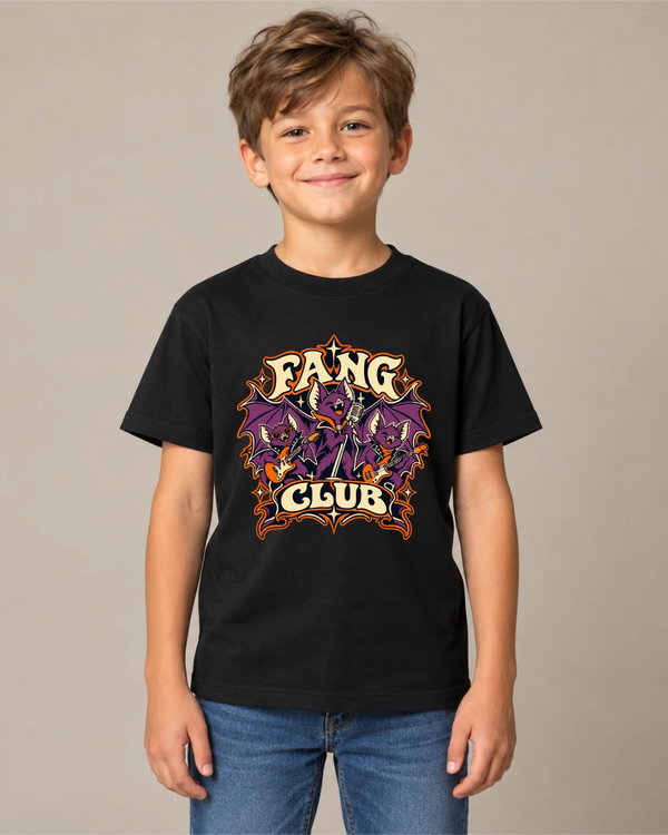 Model wearing Fang Club on a black T-shirt