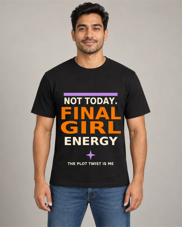 Model wearing Final Girl Energy on a black T-shirt