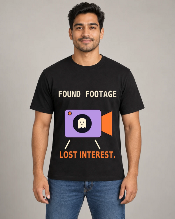 Model wearing Found Footage on a black T-shirt