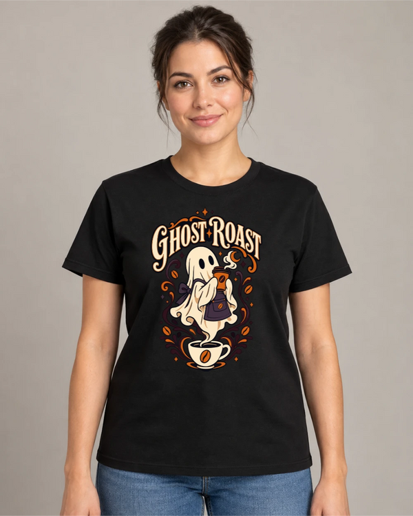 Model wearing Ghost Roast on a black T-shirt
