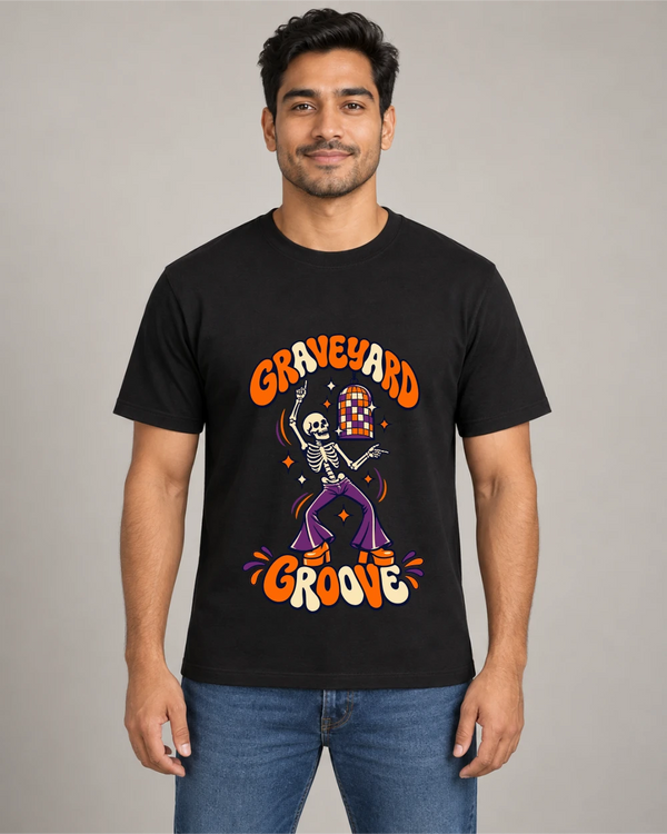 Model wearing Graveyard Groove on a black T-shirt