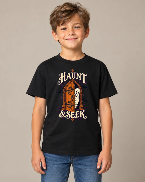 Model wearing Haunt & Seek on a black T-shirt