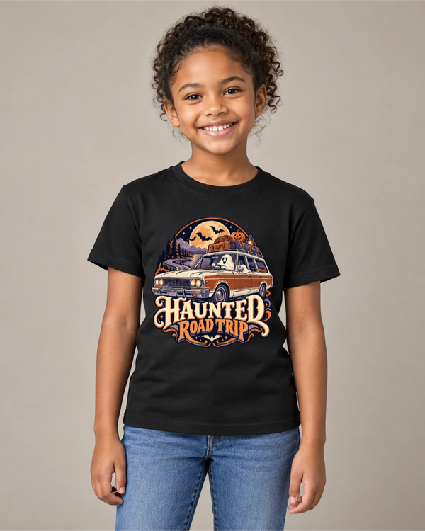 Model wearing Haunted Road Trip on a black T-shirt