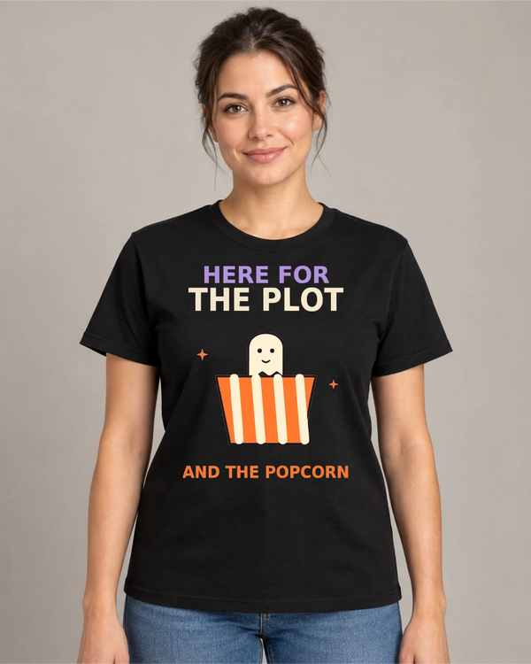 Model wearing Here for the Plot on a black T-shirt