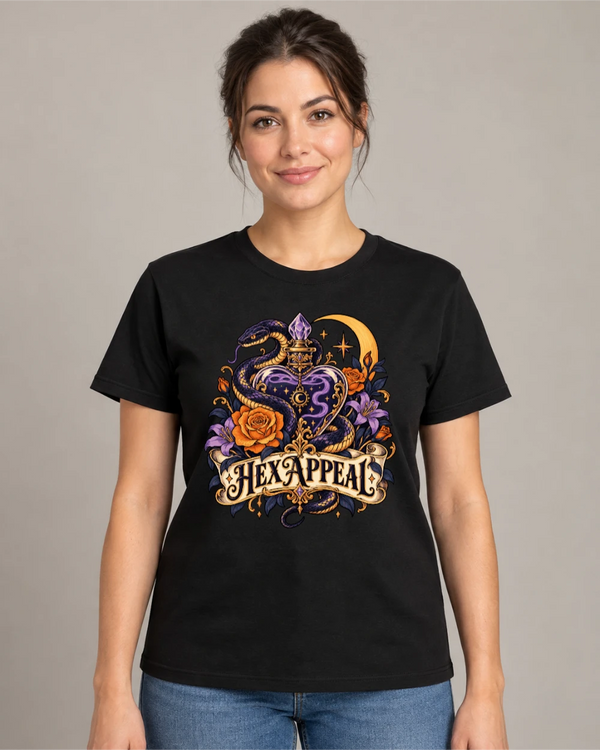 Model wearing Hex Appeal on a black T-shirt