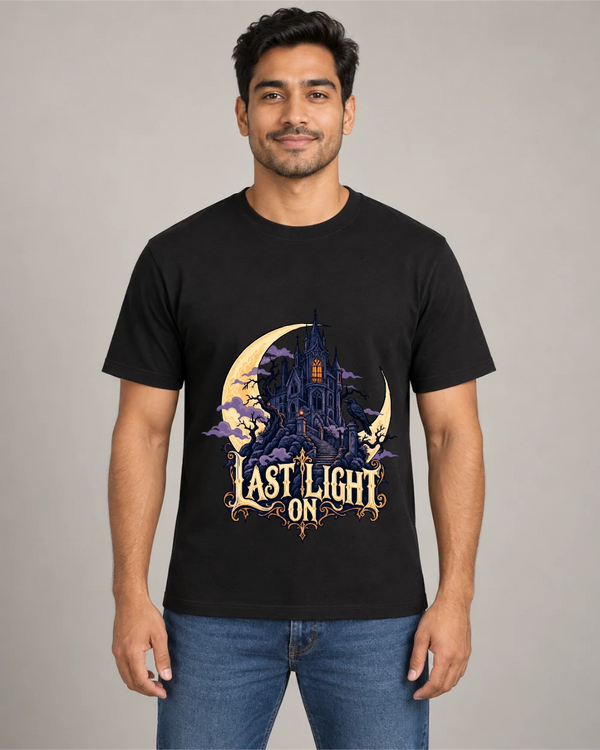 Model wearing Last Light On on a black T-shirt