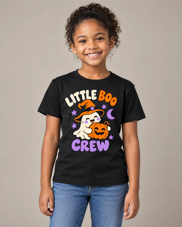 Model wearing Little Boo Crew on a black T-shirt