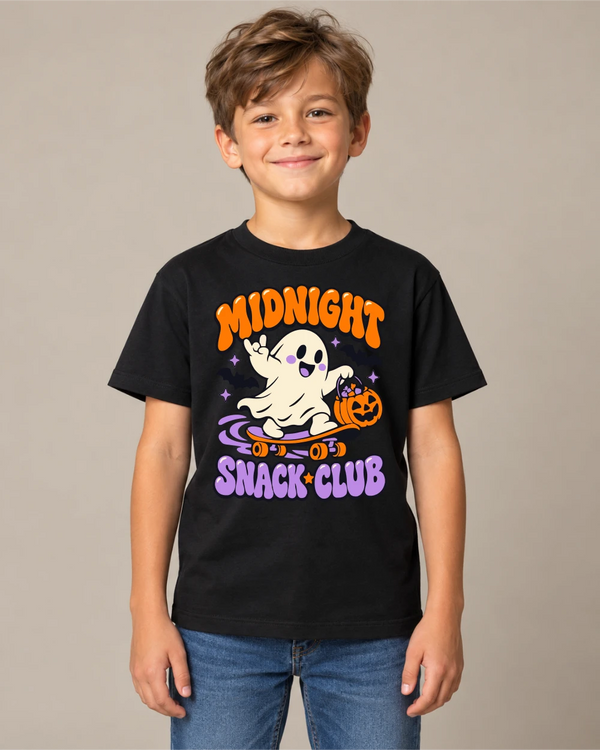 Model wearing Midnight Snack Club on a black T-shirt