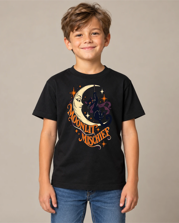 Model wearing Moonlit Mischief on a black T-shirt