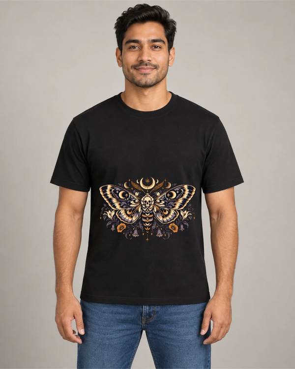 Model wearing Moth & Moon on a black T-shirt