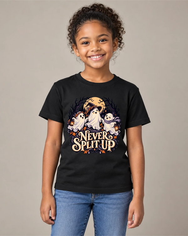 Model wearing Never Split Up on a black T-shirt