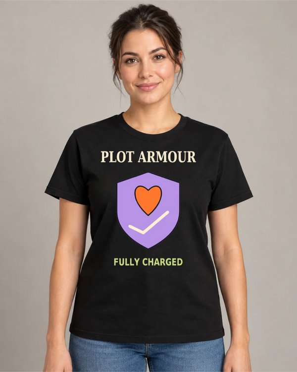 Model wearing Plot Armour on a black T-shirt