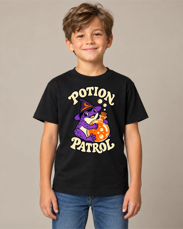 Model wearing Potion Patrol on a black T-shirt