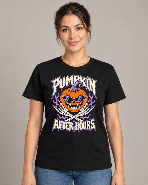 Model wearing Pumpkin After Hours on a black T-shirt
