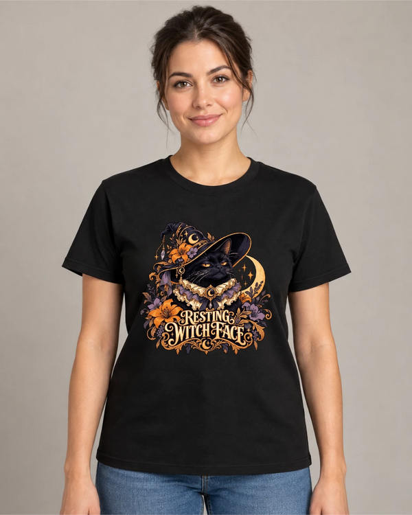 Model wearing Resting Witch Face on a black T-shirt