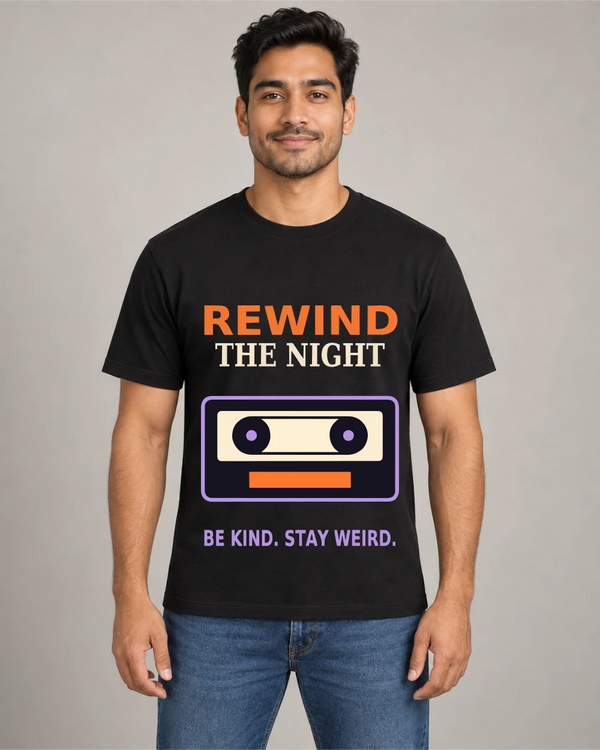 Model wearing Rewind the Night on a black T-shirt