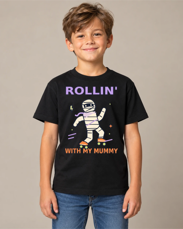Model wearing Rollin’ with My Mummy on a black T-shirt