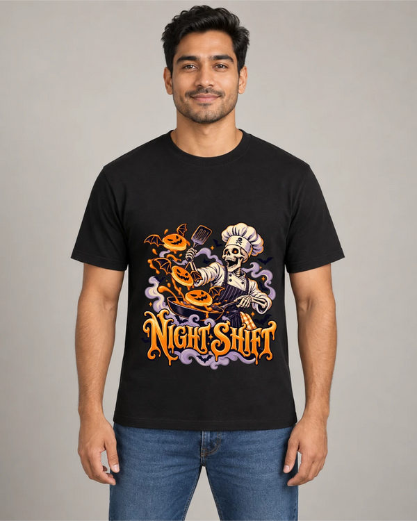 Model wearing Night Shift on a black T-shirt
