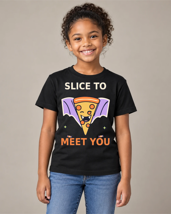Model wearing Slice to Meet You on a black T-shirt