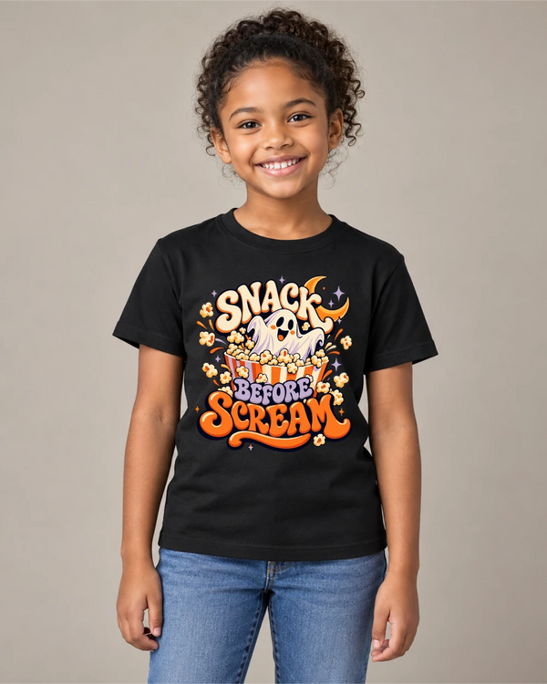 Model wearing Snack Before Scream on a black T-shirt