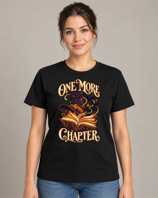 Model wearing One More Chapter on a black T-shirt