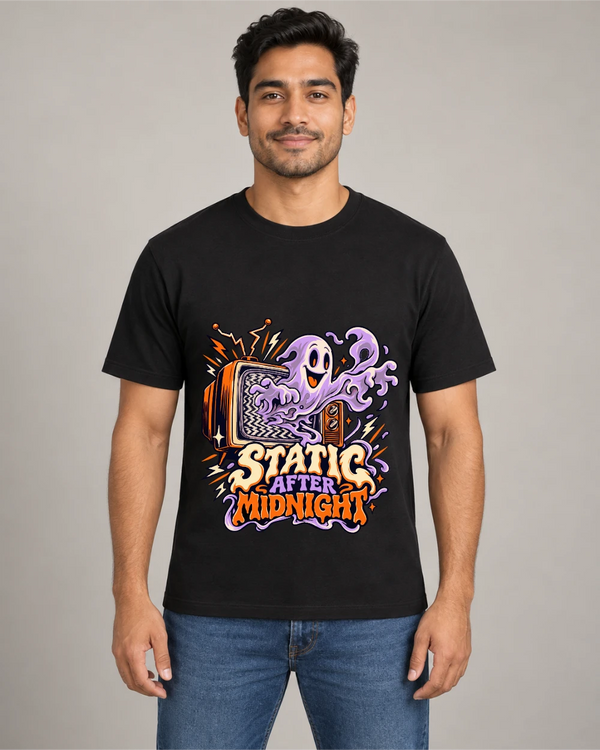 Model wearing Static After Midnight on a black T-shirt