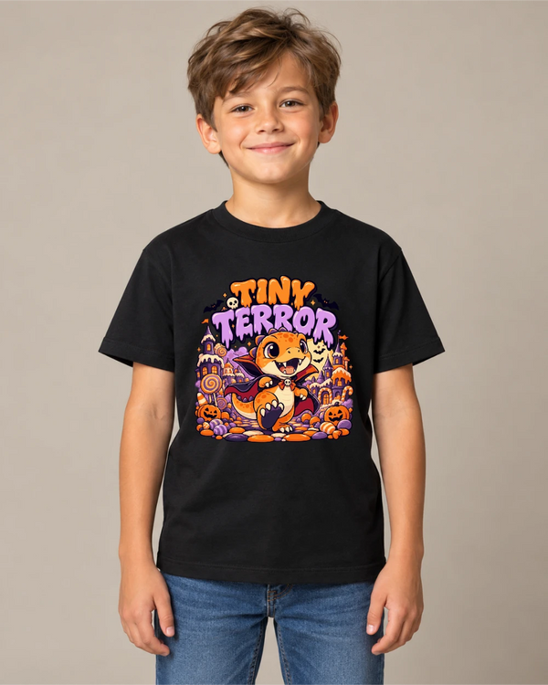 Model wearing Tiny Terror on a black T-shirt