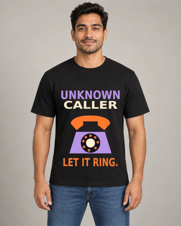 Model wearing Unknown Caller on a black T-shirt