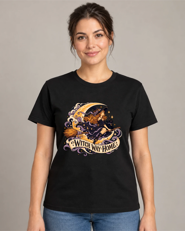 Model wearing Witch Way Home on a black T-shirt