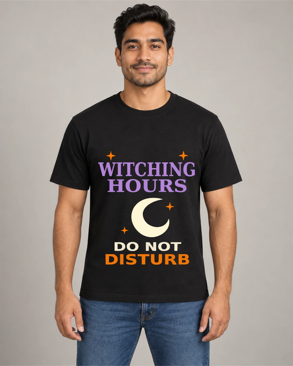 Model wearing Witching Hours on a black T-shirt