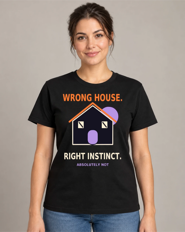 Model wearing Wrong House. Right Instinct. on a black T-shirt